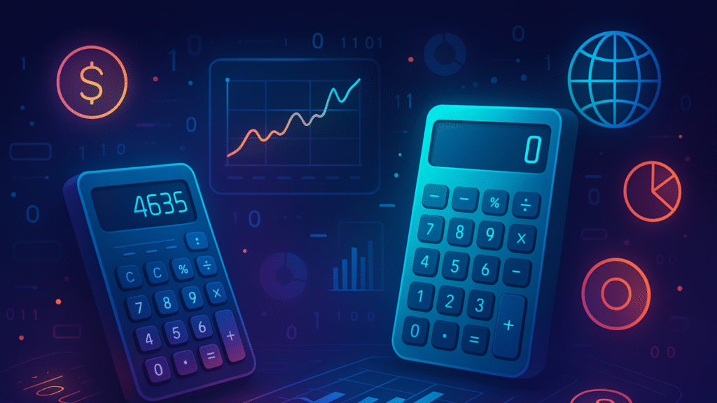 Vibrant financial tech illustration representing MoneyCalcPro’s smart calculators and global finance tools